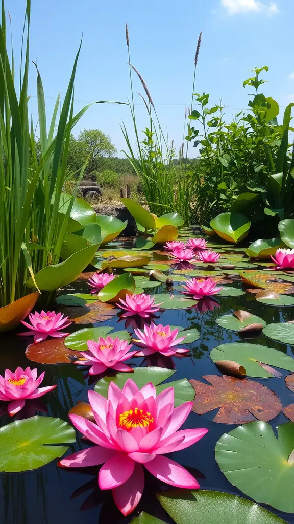 21 Stunning Pond Landscaping Ideas to Transform Your Backyard 9 A pond filled with pink water lilies and green lily pads under a clear blue sky.
