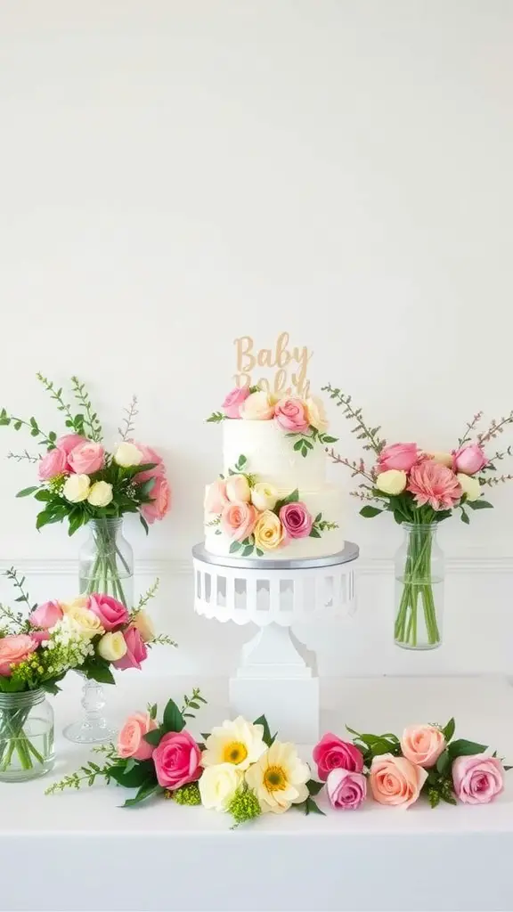 17 Adorable Floral Baby Shower Decorations You Need to Try 2 Floral-themed cake table with a white cake, fresh flowers, and a 'Baby' sign.