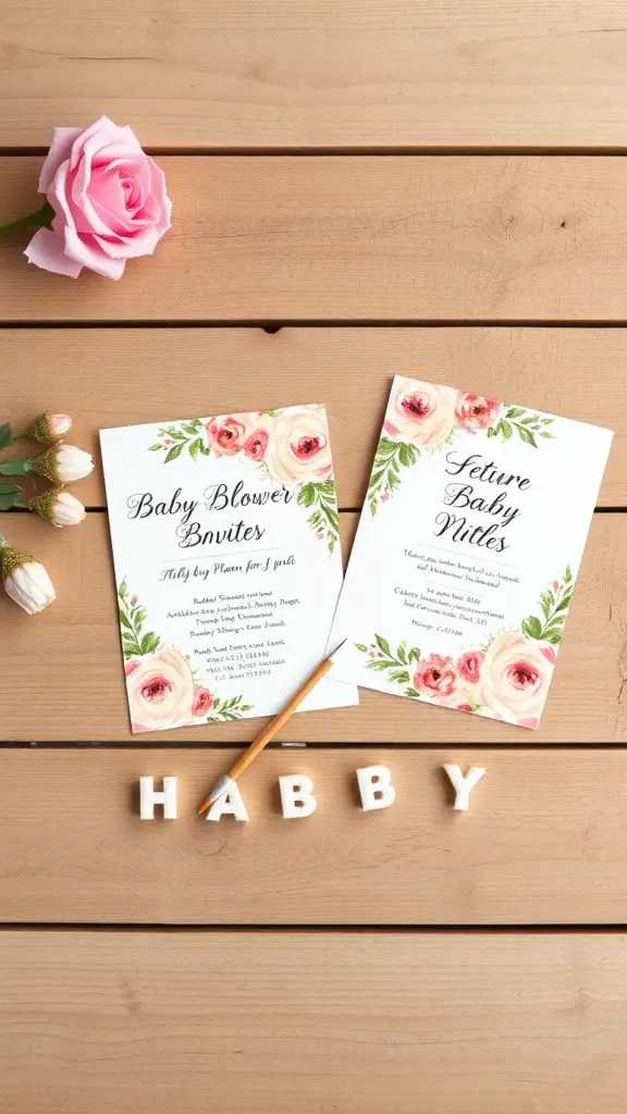 17 Adorable Floral Baby Shower Decorations You Need to Try 16 Two floral-themed baby shower invitations on a wooden table with a pink rose and a pencil.