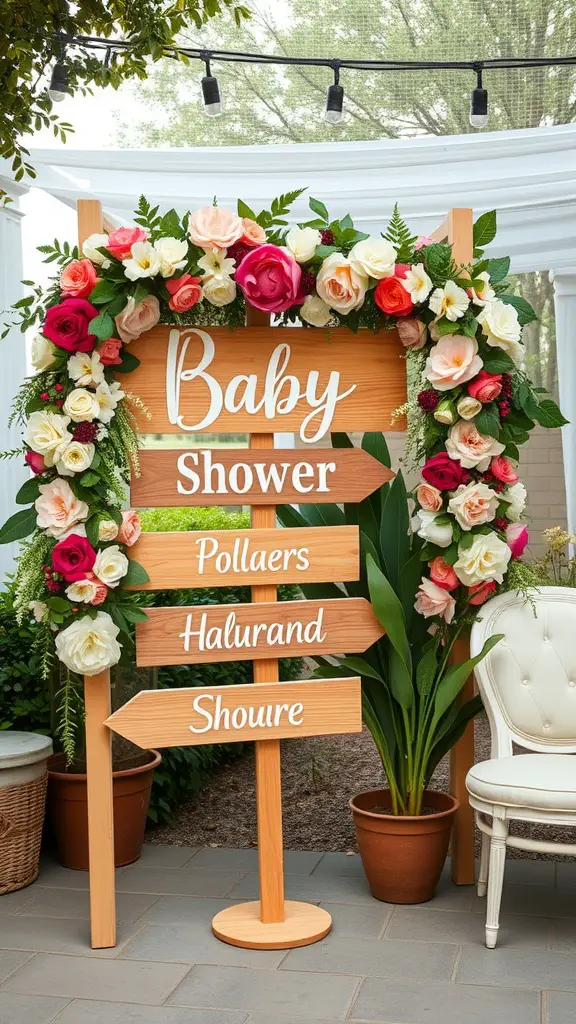 17 Adorable Floral Baby Shower Decorations You Need to Try 12 Floral-themed wooden sign for a baby shower with arrows pointing to different areas.