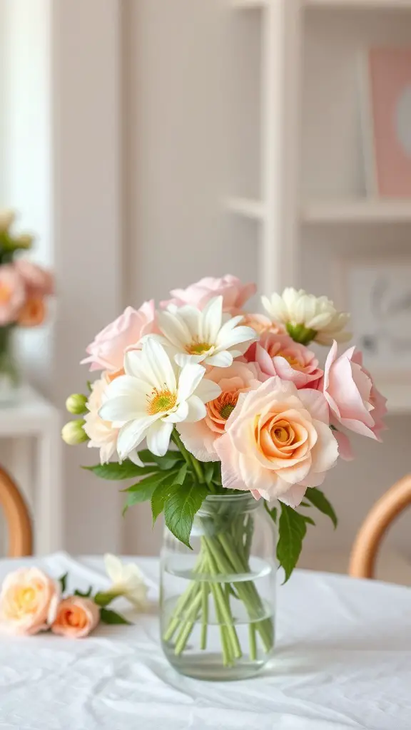 21 Adorable Baby Shower Table Centerpieces for Your Celebration 5 A beautiful floral arrangement featuring pastel roses and lilies in a clear vase, set on a table.