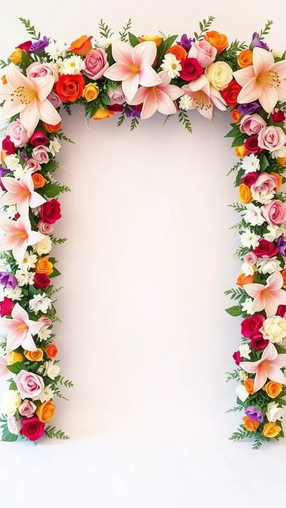 17 Adorable Floral Baby Shower Decorations You Need to Try 8 A colorful floral garland backdrop featuring roses and lilies, perfect for a baby shower.