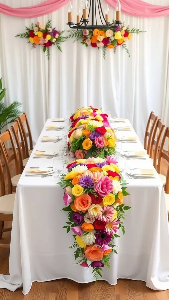 17 Adorable Floral Baby Shower Decorations You Need to Try 15 A vibrant floral table runner with various flowers on a white tablecloth for a baby shower.