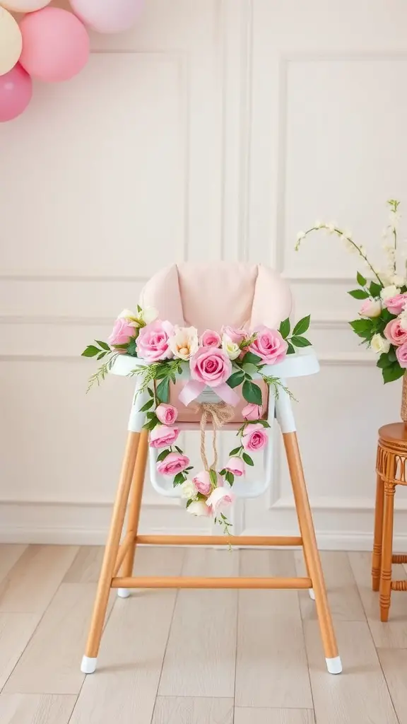 17 Adorable Floral Baby Shower Decorations You Need to Try 13 A high chair decorated with pink roses and greenery for a baby shower