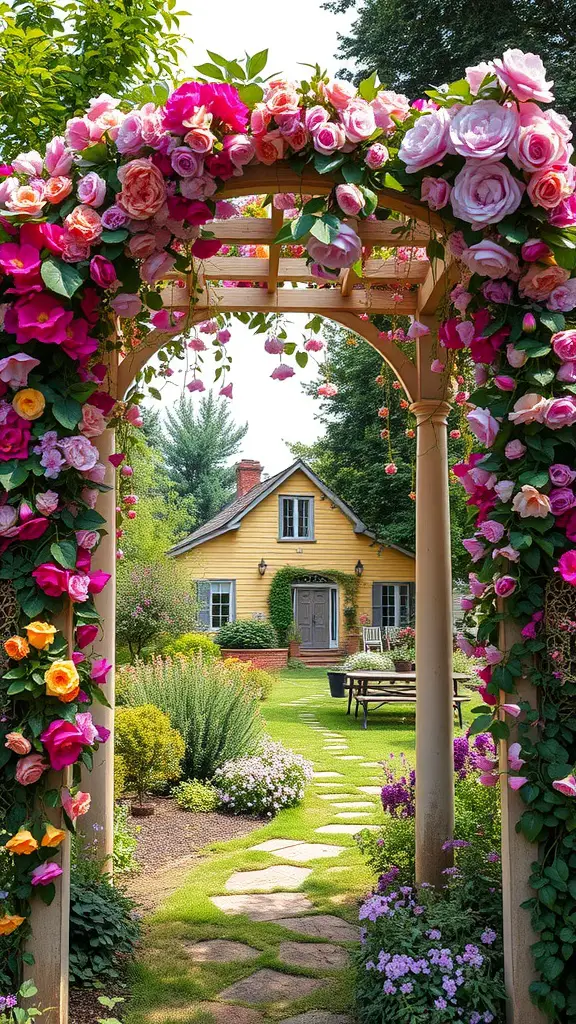 19 Enchanted Garden Ideas to Transform Your Outdoor Space 2 A flower-dripped arbor leading to a yellow house in a garden.