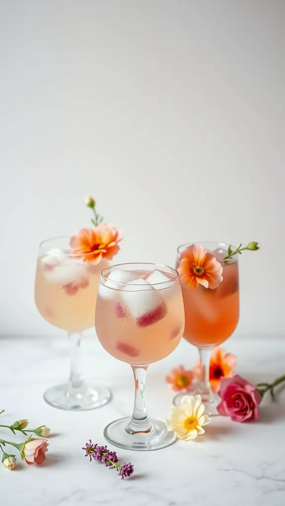17 Adorable Floral Baby Shower Decorations You Need to Try 17 Three glasses of flower-infused drinks with ice and garnished with flowers, surrounded by fresh blooms.