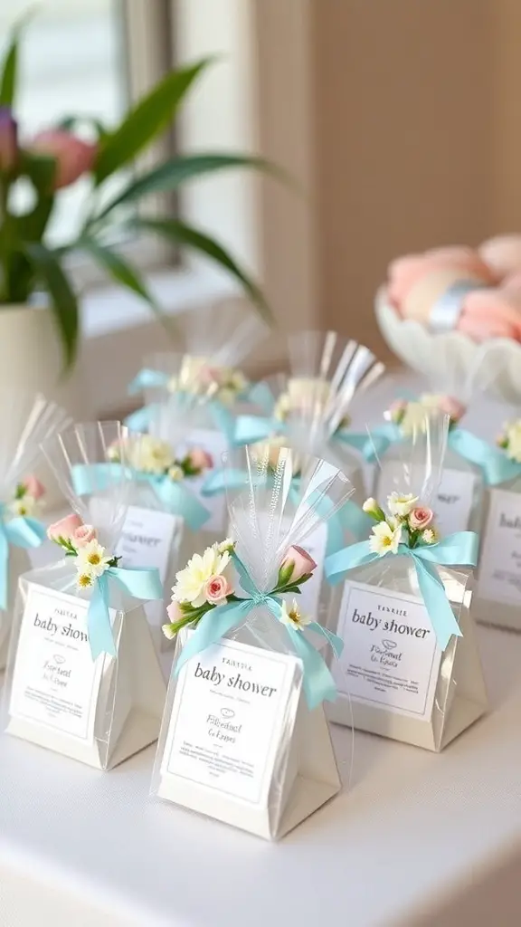17 Adorable Floral Baby Shower Decorations You Need to Try 11 Beautifully arranged flower adorned favors for a baby shower, featuring pastel colors and floral decorations.