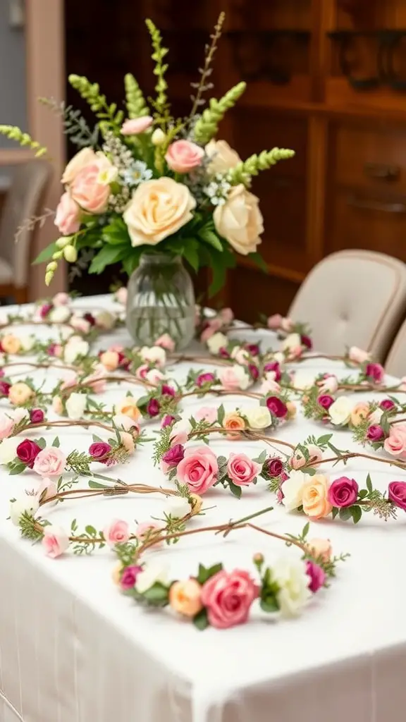 17 Adorable Floral Baby Shower Decorations You Need to Try 10 A table with flower crowns made of pink, white, and red roses, ready for guests at a baby shower.