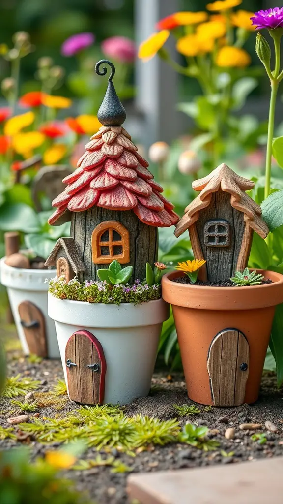 23 Creative DIY Yard Decor Ideas You Can't Miss 5 Two flower pot fairy houses surrounded by colorful flowers in a garden.