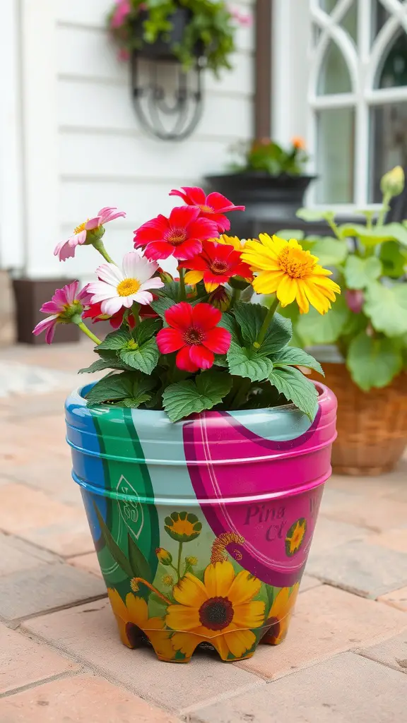 Colorful flower pot made from a plastic bottle with vibrant flowers