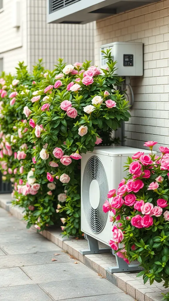 17 Creative Landscaping Ideas to Hide Your AC Unit 8 Flowering shrubs in pink and white surrounding an air conditioning unit