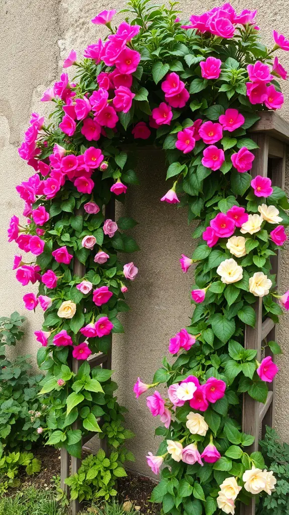 23 Vibrant Mexican Garden Ideas to Transform Your Outdoor Space 13 A trellis covered with pink and yellow flowering vines, enhancing a garden space.