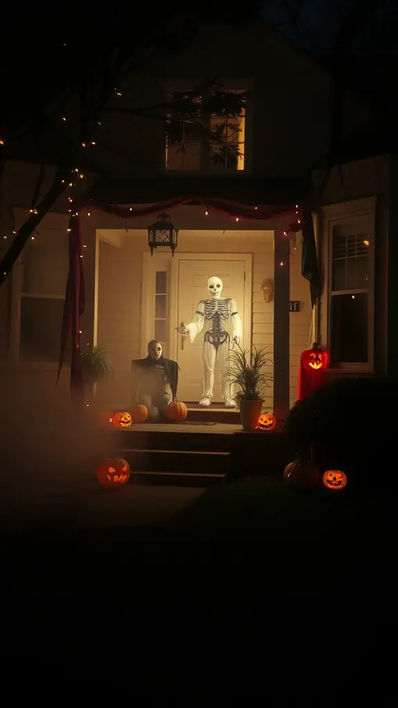 A spooky front yard decorated for Halloween with fog, pumpkins, and skeletons.