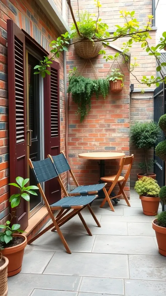 15 Creative Tiny Patio Ideas for Your Outdoor Space 4 A small patio with foldable chairs and a round table surrounded by plants.