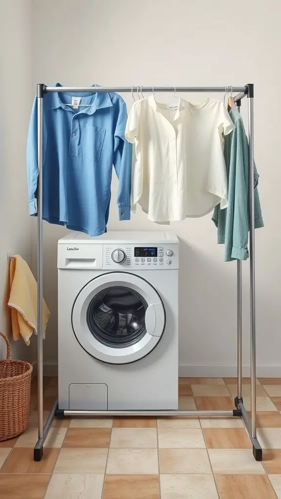 23+Creative Laundry Room Storage Ideas You Need to Try 17 A foldable drying rack with clothes hanging, placed next to a washing machine in a laundry room.