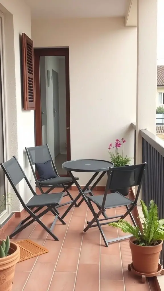 17 Creative Small Apartment Patio Ideas You’ll Love 11 A small apartment patio with foldable chairs and a table, decorated with potted plants.