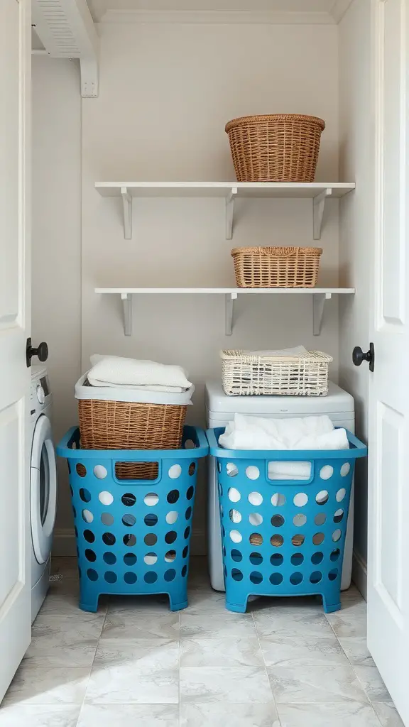 19+ Creative No Closet Solutions for Every Space 15 A laundry area with two blue foldable baskets and woven baskets on shelves.