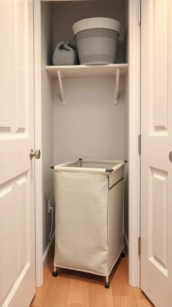 23 Creative Laundry Room Storage Ideas You Need to Try 13 A foldable laundry hamper in a closet with additional storage baskets on a shelf above.