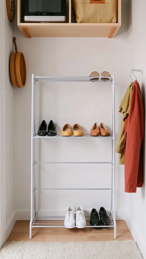 A foldable shoe rack with various shoes displayed on it, set in a small space with a shelf above.