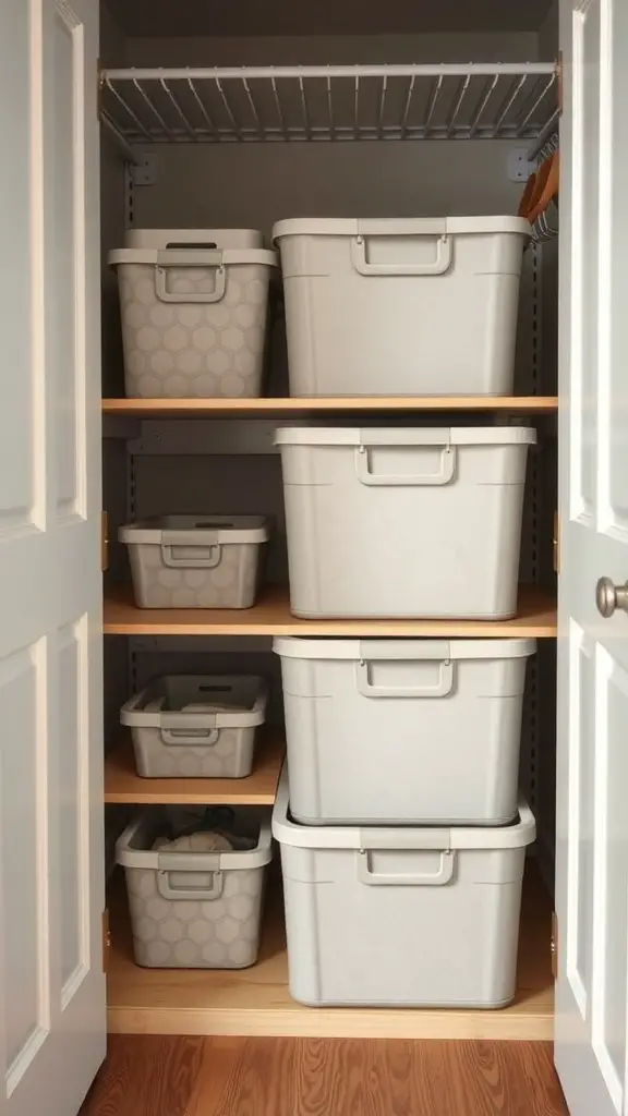 17+ Smart Closet Storage Ideas to Maximize Space 14 A well-organized closet with foldable storage bins on wooden shelves.