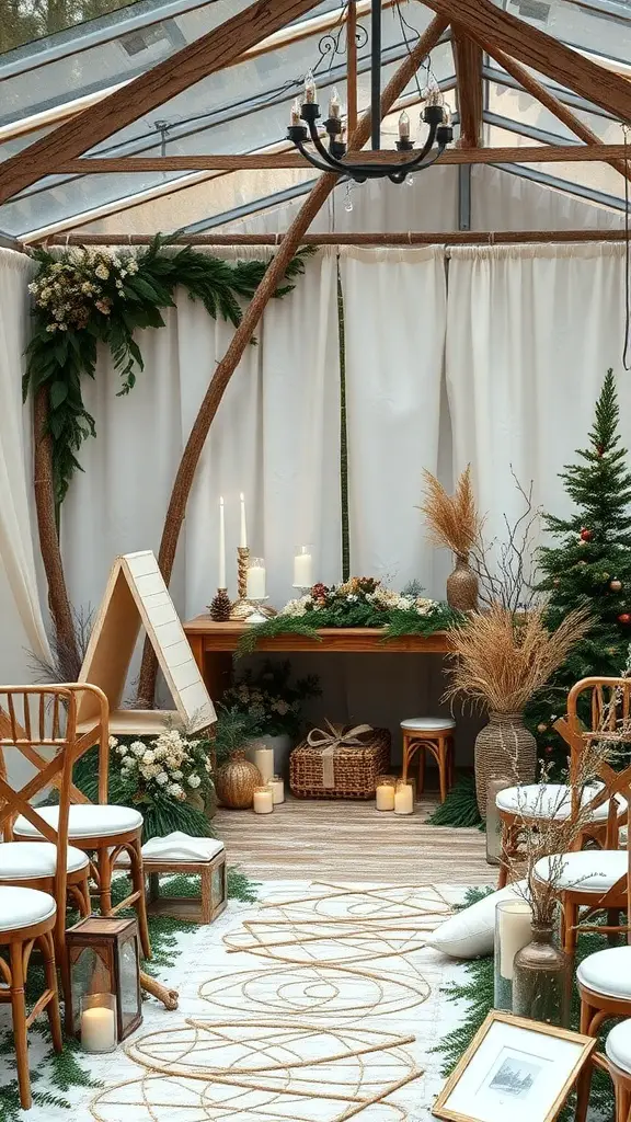 A cozy winter wedding setup featuring forest green and cream colors, with wooden chairs, candles, and natural decorations.