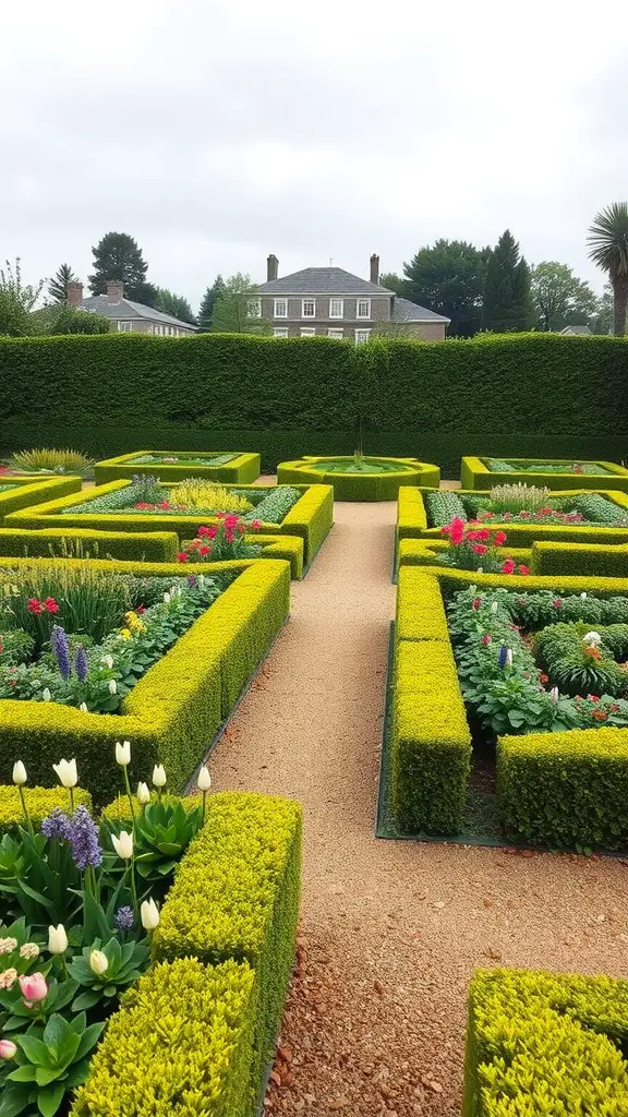 15 Inspiring Perennial Garden Design Ideas to Transform Your Space 2 A formal garden layout featuring neatly trimmed hedges and colorful flower beds.