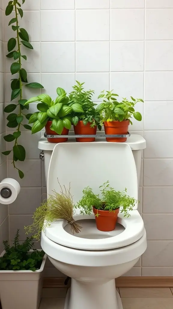 23+Chic Back of Toilet Decor Ideas to Transform Your Bathroom 17 Herb planters on the back of a toilet with various green plants.