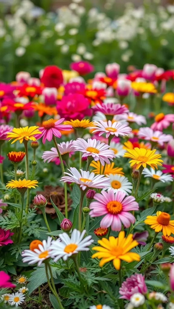 A vibrant flower bed filled with colorful perennials, including pink, yellow, and white flowers.