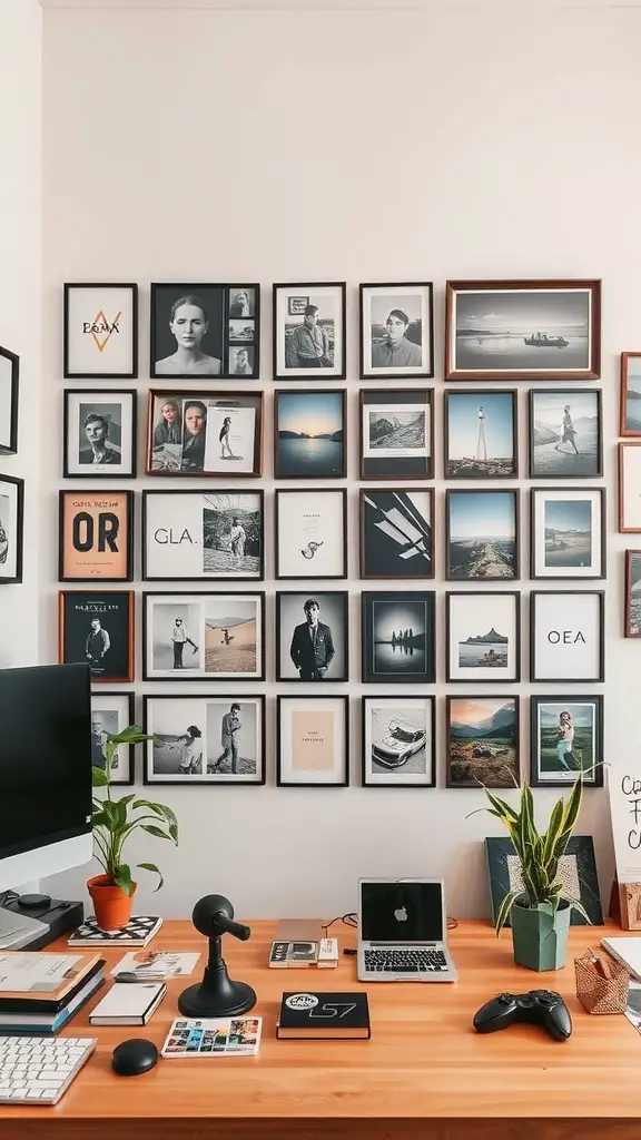 21 Creative Wall Storage Ideas to Maximize Your Space 17 A wall grid displaying various framed photos and art pieces in a stylish arrangement.