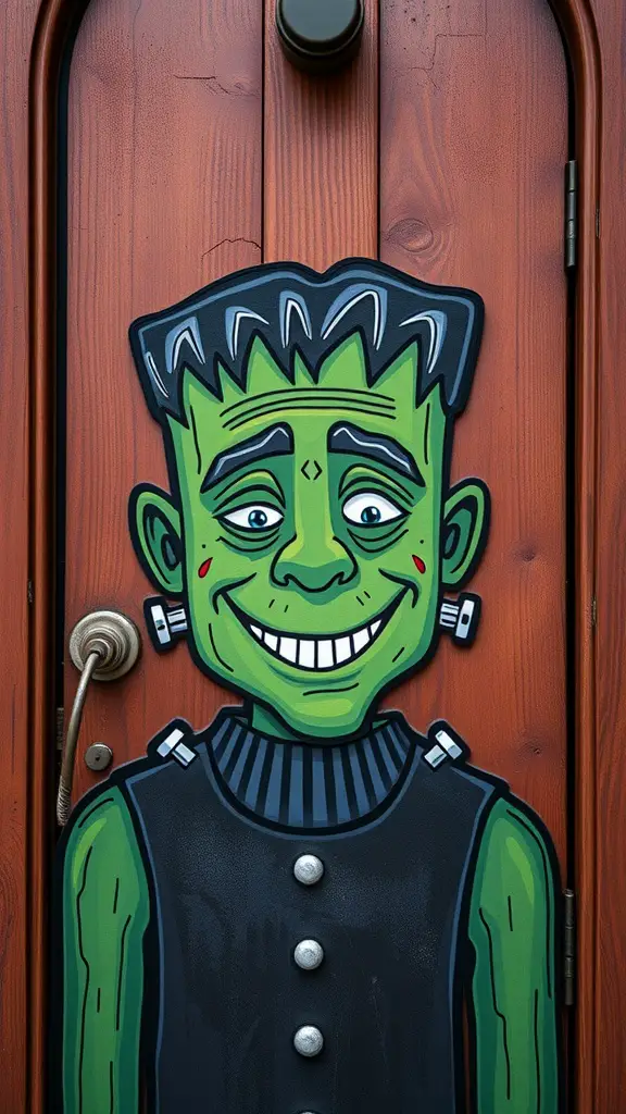 A cartoon-style door hanger of Frankenstein's Monster with a big smile, set against a wooden door.