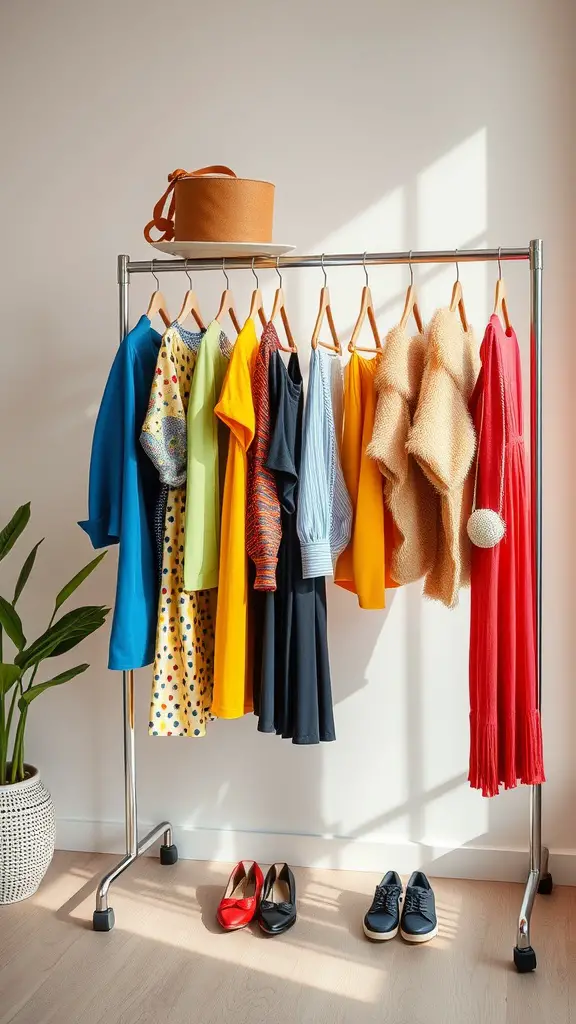 19+ Creative No Closet Solutions for Every Space 8 A freestanding clothing rack displaying colorful garments with a hat on top and shoes below.