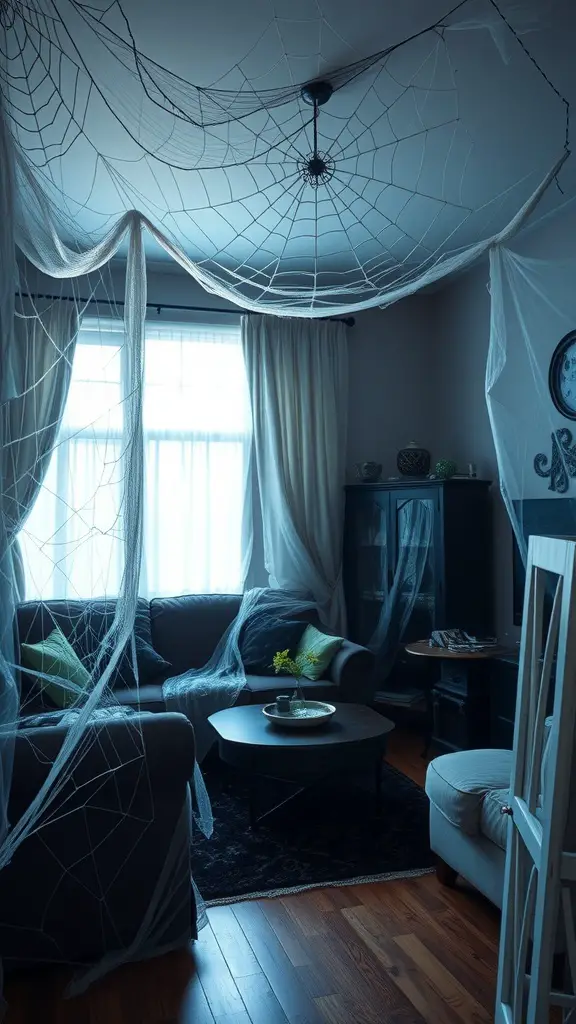 A living room decorated with faux spider webs for Halloween, featuring a couch, coffee table, and light curtains.