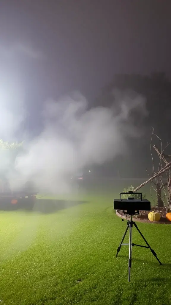 A fog machine emitting fog in a yard, creating a spooky Halloween atmosphere.