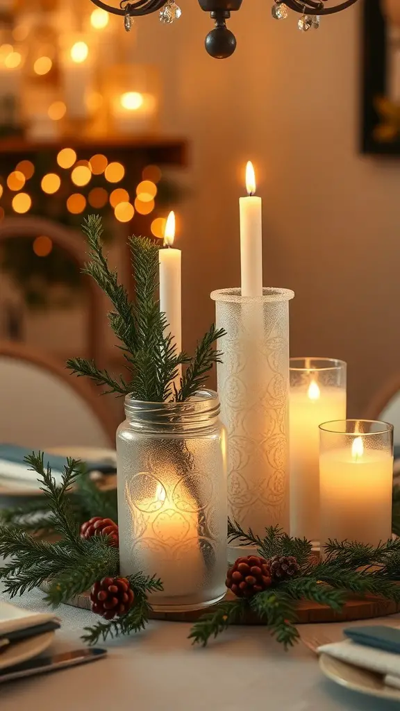 A festive centerpiece featuring frosted glass candle holders, white candles, and greenery with pinecones.