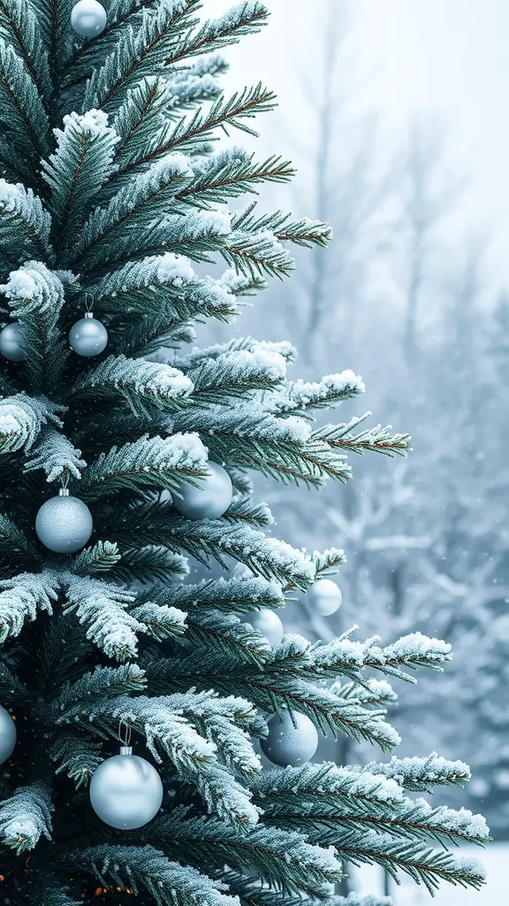 21 Creative Christmas Tree Ideas for a Cozy Fall Celebration 5 A Christmas tree with frosted branches and silver ornaments, set in a snowy background.