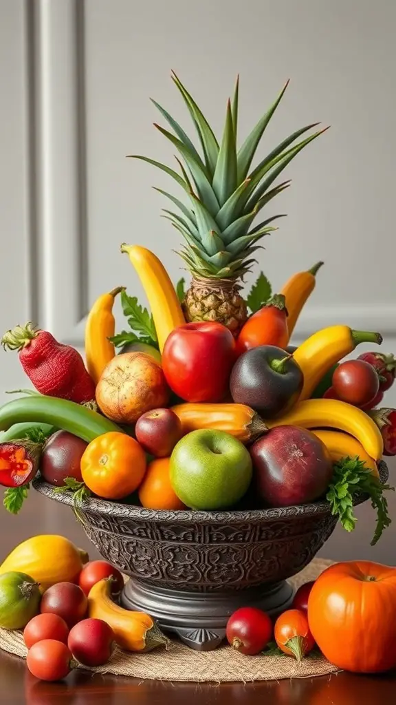 23 Stunning Dollar Tree Centerpieces You Can DIY 16 A colorful fruit and vegetable arrangement in a decorative bowl featuring bananas, apples, tomatoes, and a pineapple.