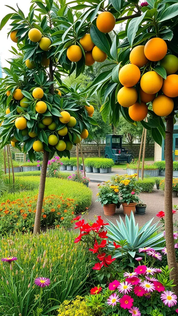 23 Vibrant Mexican Garden Ideas to Transform Your Outdoor Space 14 A vibrant garden featuring fruit trees laden with oranges, surrounded by colorful flowers and lush greenery.