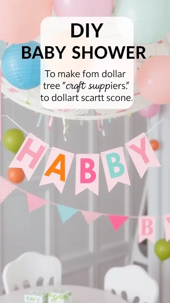 17 Creative Dollar Tree Baby Shower Ideas on a Budget 5 A colorful DIY baby shower banner spelling 'HAPPY' with balloons in the background.