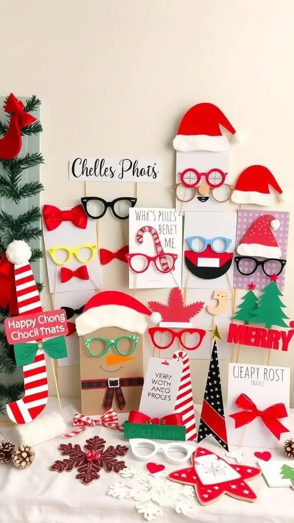 15 Creative Dollar Tree Christmas Decor Ideas for a Festive Home 16 A colorful display of Christmas photo booth props including Santa hats, glasses, and festive signs.