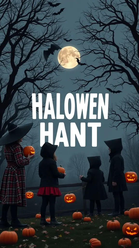 21 Spooktacular Halloween Party Ideas for a Frightfully Fun Celebration 9 Kids in Halloween costumes holding pumpkins under a full moon with bats flying.