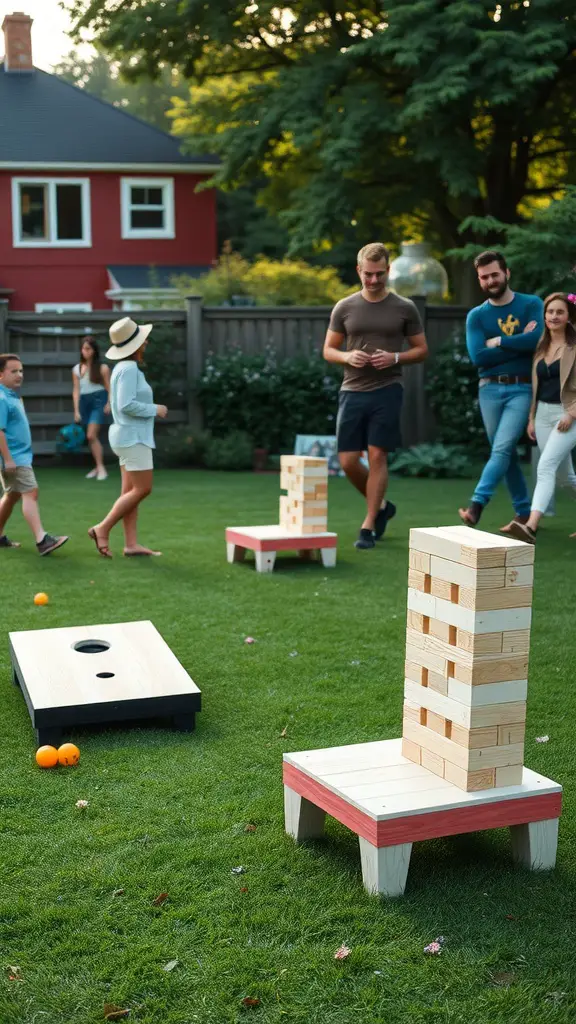 15 Must-Have Essentials for the Perfect Backyard Garden Party 5 A backyard garden party scene with guests playing lawn games like Jenga and cornhole.