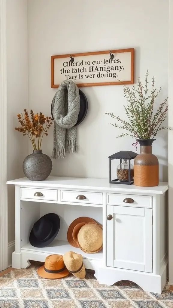 19 Creative Hat Rack Ideas for Your Home 16 A stylish white bench with hat storage, featuring hats on the floor and decorative elements on the wall.