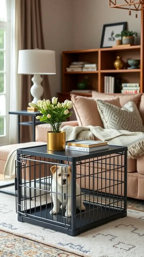 19+ Unique Dog Corner Ideas to Elevate Your Pet's Space 8 A stylish dog crate that serves as a side table, featuring a small dog inside and decorative items on top.