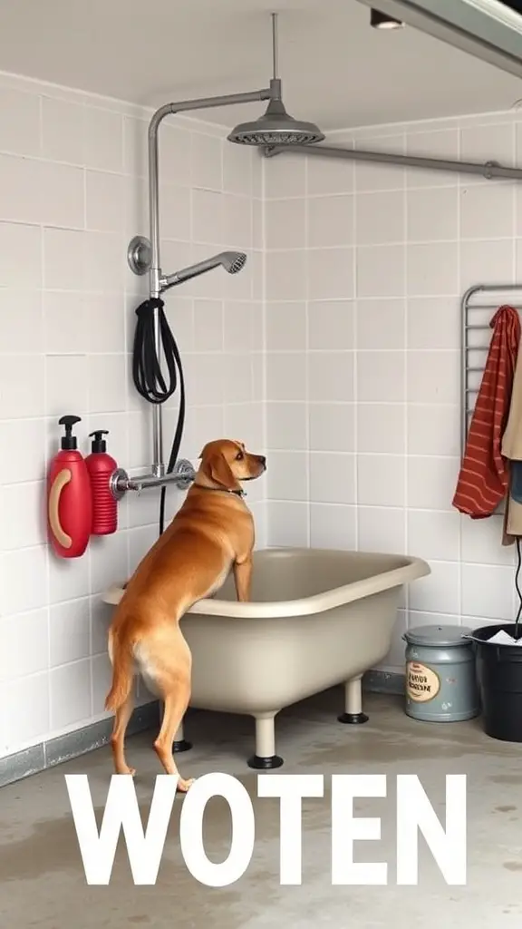 17+ Creative Dog Room Ideas for Your Garage 10 A functional dog washing station in a garage with a dog in a tub and shower setup.