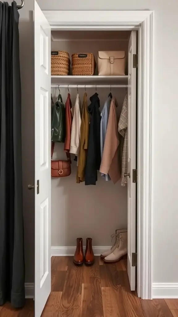 21 Creative Open Closet Ideas for Stylish Organization 2 An open closet corner with hanging clothes, baskets, and shoes on the floor.