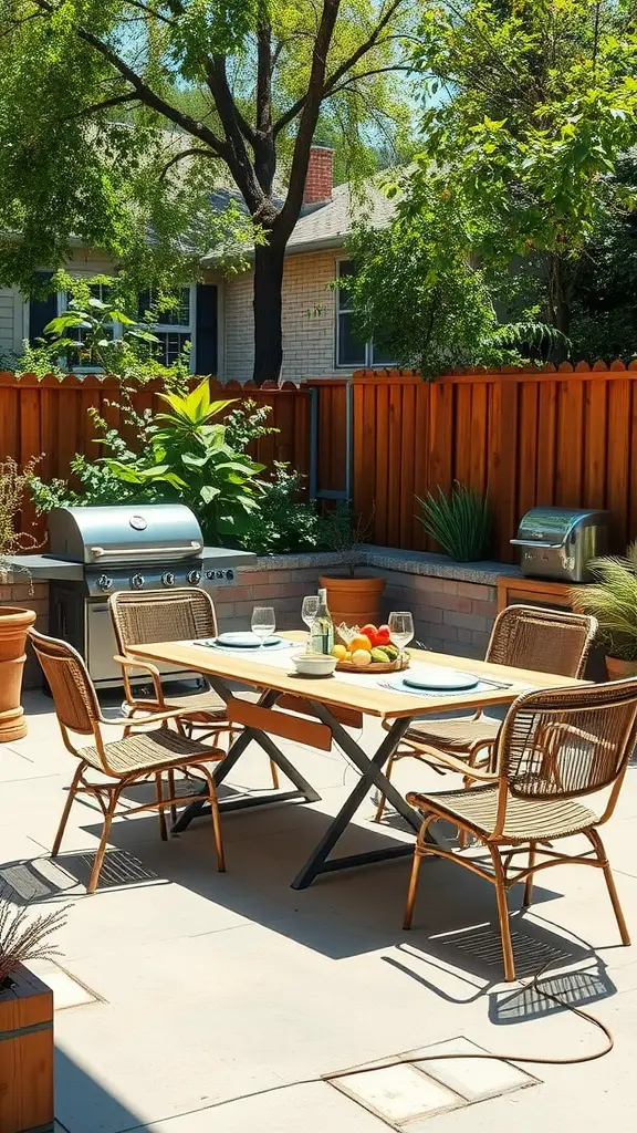 Outdoor dining area with a wooden table, chairs, and a grill surrounded by plants.