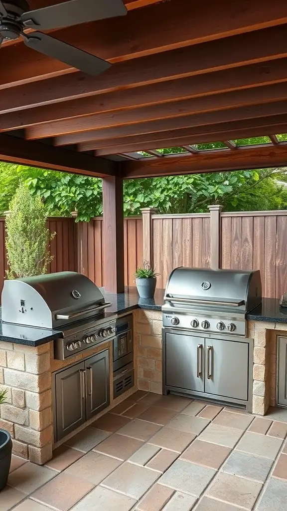 17 Inspiring Backyard Decorating Ideas to Transform Your Outdoor Space 14 A modern outdoor kitchen featuring two grills, stone countertops, and potted plants.