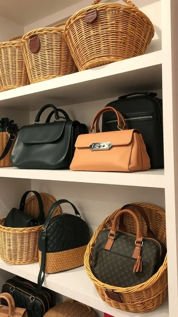 Shelves with woven baskets containing various handbags, showcasing organized purse storage.