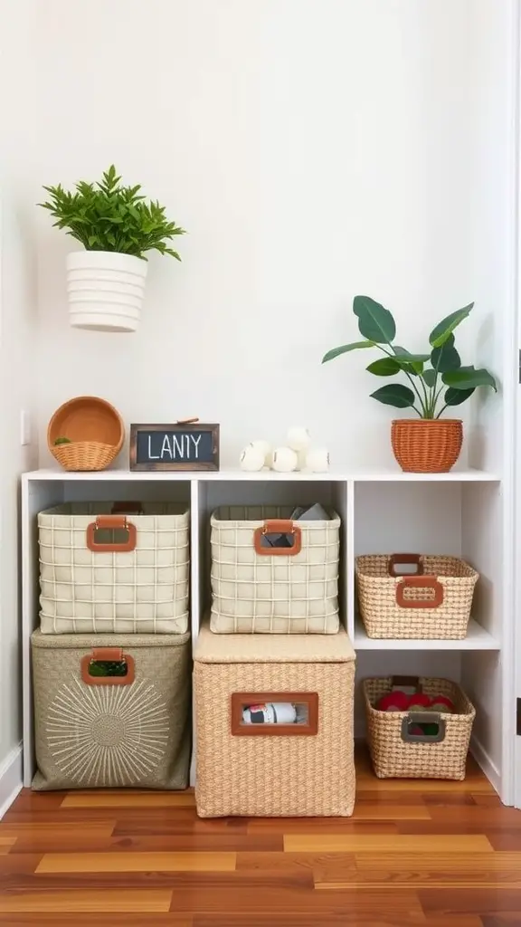 21 Creative Dollar Tree DIY Home Decor Ideas 15 A stylish shelving unit with various baskets and plants for storage.