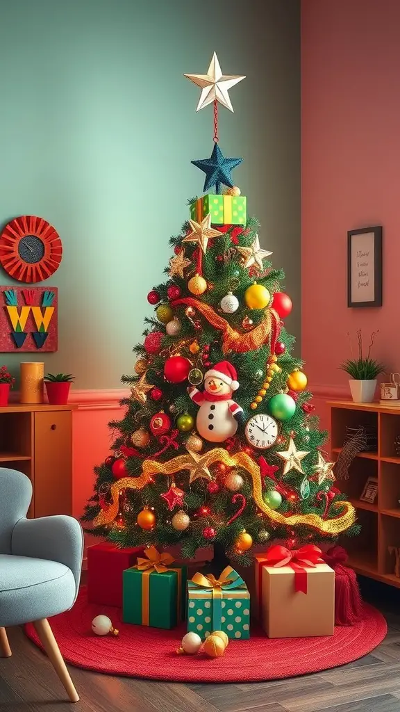 19 Unique Christmas Tree Ideas to Brighten Your Holidays 13 A colorful retro-themed Christmas tree with bright ornaments, a snowman decoration, and wrapped presents underneath.